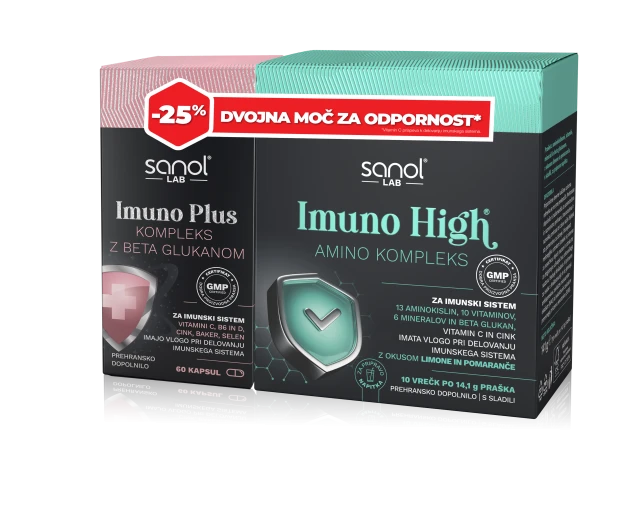 Sanol LAB Imuno Plus Kompleks, 60 kapsul + Imuno High Amino kompleks, 10 vrečk