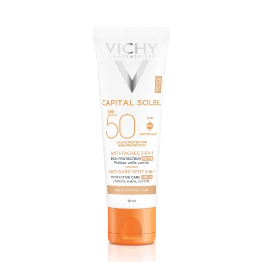 VICHY, CAPITAL SOLEIL Obarvana zaščitna krema za obraz proti temnim lisam 3v1 SPF50+, 50 ml
